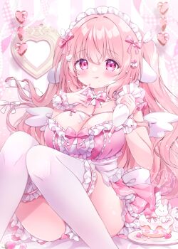 1girl :q animal_ears apron back_bow blush bow breasts cake cake_hair_ornament chiika_(cure_cherish) cleavage commentary cream_on_body cream_on_breasts dress finger_to_face food food-themed_hair_ornament frilled_apron frilled_dress frilled_thighhighs frilled_wrist_cuffs frills fruit hair_bow hair_ornament heart heart_hair_ornament holding holding_pastry_bag large_breasts long_hair looking_at_viewer maid_headdress o-ring original panties pastry_bag pink_bow pink_dress pink_eyes pink_hair plate rabbit_ears sitting smile strawberry thighhighs thighs tongue tongue_out two_side_up underwear very_long_hair waist_apron white_apron white_bow white_panties white_thighhighs white_wings wing_hair_ornament wings wrist_cuffs