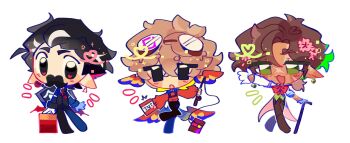 Rule 34 | 3boys, ahoge, animification, bird boy, bird wings, black eyes, black hair, black suit, book, bow, bowtie, brown hair, cane, chibi, chibi only, commentary, english commentary, explosive, facial hair, fishing rod, flower, formal clothes, full body, gloves, goggles, goggles on head, goodtimeswithscar, green eyes, green vest, grian (youtuber), hair between eyes, hair flower, hair ornament, head wings, highres, holding, holding cane, holding fishing rod, looking at viewer, low wings, male focus, minecraft, minecraft shield, minecraft youtube, muffymayhem, multiple boys, mumbo jumbo (youtuber), mustache, necktie, official alternate costume, open mouth, outstretched hand, parrot boy, parted bangs, pink flower, pointy ears, ponytail, red bow, red bowtie, red eyes, red necktie, red sweater, scar, scar on face, shield, short hair, short ponytail, simple background, standing, standing on one leg, suit, sweater, tan, tnt, tnt block (minecraft), traffic life series, vest, white background, white gloves, wild life smp, wings