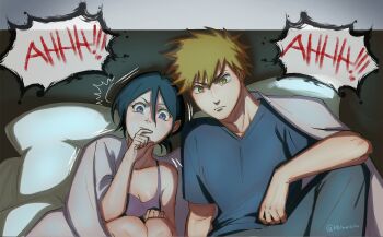 1boy 1girl bare_arms bare_shoulders bed bed_sheet bedroom black_hair blanket bleach blonde_hair bra breasts cleavage commentary english_commentary hair_between_eyes hand_to_own_mouth highres house kuchiki_rukia kurosaki_ichigo low-tied_medium_hair m1rimorinku mature_female mature_male nervous nervous_sweating on_bed parted_bangs pillow purple_eyes scared shirt short_hair short_sleeves sitting speech_bubble sweat twitter_username under_covers underwear watching watching_television yellow_eyes