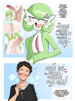 2boys ^^^ black_hair black_shirt blue_background blush blush_stickers bob_cut censored closed_mouth collarbone colored_skin constricted_pupils dropping embarrassed english_text erection fork gardevoir gen_3_pokemon green_hair green_skin hair_between_eyes hair_ornament hairclip half-closed_eyes hand_up happy heart huge_penis jitome looking_at_viewer male_focus mega_stone mosaic_censoring multicolored_skin multiple_boys multiple_views nintendo nose_blush open_mouth outside_border penis pokemon pokemon_(anime) pokemon_(creature) poketoon red_eyes saltyxodium seductive_smile shirt short_hair short_sleeves smile split_mouth spoken_heart sweat teeth trap two-tone_skin upper_body white_skin wide-eyed yuugo_(pokemon)