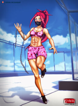 Rule 34 | 1girl, abs, arm at side, artist name, black mask, bloomers, blush, bodysuit, boots, bow, bow bloomers, bra, breasts, brown eyes, capcom, chain, cleft of venus, clenched hands, collarbone, day, delinquent, embarrassed, eyelashes, female focus, fingernails, full body, hand up, heart, heart print, high ponytail, highres, zaki (justice gakuen), holding, holding chain, humiliation, justice gakuen, legs, long hair, looking down, mask, medium breasts, midriff, moero! justice gakuen, navel, neck, outdoors, parted bangs, patreon, pink bloomers, pink bra, ponytail, red hair, ribbon bloomers, sagaraart, shiny skin, shiritsu justice gakuen, sidelocks, sky, spiked hair, standing, standing on one leg, thigh gap, thighs, torn bodysuit, torn clothes, underwear, underwear only, very long hair, wardrobe malfunction, wide-eyed