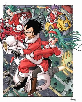Rule 34 | 2boys, 2girls, absurdres, black boots, black hair, black pantyhose, blue hair, boots, bra (dragon ball), brown boots, bulma, christmas, dragon ball, dragon ball gt, dress, family, giru (dragon ball), hairband, highres, long hair, multiple boys, multiple girls, pants, pantyhose, purple hair, red dress, red hairband, red pants, riding, ruemr03190 0, santa costume, santa dress, short hair, trunks (dragon ball), vegeta