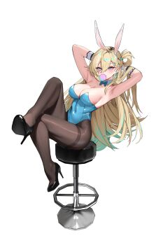 1girl animal_ear_hairband animal_ears aninoobye armpits arms_up asuna_(blue_archive) asuna_(blue_archive)_(cosplay) asuna_(bunny)_(blue_archive) bar_stool black_pantyhose black_shoes blonde_hair blowing_bubble_gum blue_eyes blue_leotard breasts chair chewing_gum commentary cosplay covered_navel english_commentary fake_animal_ears gradient_hair hair_between_eyes hair_ornament hairband high_heels highres large_breasts leotard looking_at_viewer lynae_(wuthering_waves) multicolored_hair on_chair pantyhose rabbit_ear_hairband rabbit_ears shoes simple_background sitting skull_hair_ornament solo stool strapless strapless_leotard thighband_pantyhose white_background wuthering_waves