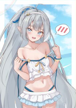 1girl absurdres ahoge arm_behind_head arm_strap armpit_crease bare_shoulders beach bikini bikini_ribbon blue_eyes blue_hairband blush bracelet breasts cerise0028 cleavage collarbone commentary_request female_tyrant_(stella_sora) female_tyrant_(swimsuit)_(stella_sora) frilled_bikini frills grey_hair hair_ornament hairband halterneck highres jewelry key long_hair looking_at_viewer medium_breasts monolith_(stella_sora) navel official_alternate_costume open_mouth ribbon solo speech_bubble spoken_blush star_(symbol) stella_sora stomach sweat swimsuit symbol-shaped_pupils thigh_strap thighs two-tone_ribbon tyrant_(stella_sora) very_long_hair white_bikini