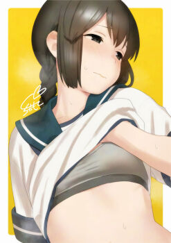 1girl adversarial_noise averting_eyes black_eyes blush border bra braid breasts brown_hair clothes_lift collarbone commentary_request double-parted_bangs green_sailor_collar grey_bra hair_between_eyes isonami_(kancolle) kantai_collection lifting_own_clothes long_hair low_twin_braids outside_border rounded_corners sailor_collar sakiecho shirt shirt_lift short_sleeves sidelocks signature simple_background small_breasts solo steam stomach sweat twin_braids underwear upper_body wavy_mouth white_border white_shirt yellow_background