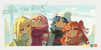 Rule 34 | 4girls, ^ ^, ahoge, blonde hair, blue eyes, blue hair, bocchi the rock!, closed eyes, coat, color guide, commentary, copyright name, cube hair ornament, english commentary, gotoh hitori, hair ornament, hairclip, hand on another's shoulder, hat, highres, ijichi nijika, kita ikuyo, long hair, looking at another, middle finger, multiple girls, outdoors, parallel hairclips, pink hair, pink scarf, red hair, scarf, short hair, smile, steam, togekk0, tongue, tongue out, white hat, winter, winter clothes, yamada ryo, yellow eyes