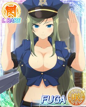 1girl :| aiming arms_up blue_eyes border breasts card_(medium) character_name cleavage cleavage_cutout closed_mouth clothing_cutout english_text fuga_(senran_kagura) game_cg green_hair groin gun handgun hands_up hat large_breasts long_hair looking_at_viewer mole mole_under_eye navel official_alternate_costume official_art partially_unbuttoned peaked_cap pencil_skirt police police_hat police_uniform policewoman senran_kagura senran_kagura_new_wave skirt solo sweat swept_bangs weapon wet