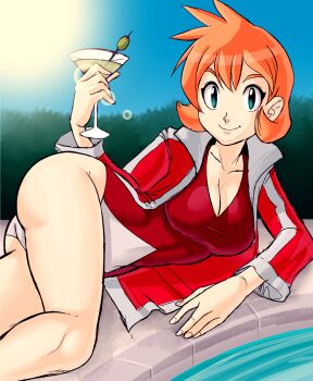ass blue_eyes breasts cleavage cocktail_glass cup drinking_glass highres jacket jacket_over_swimsuit large_breasts looking_at_viewer lying misty_(pokemon) nintendo olive on_side one-piece_swimsuit outdoors pokemon pokemon_gsc pool poolside red_hair short_hair sun swimsuit teevo