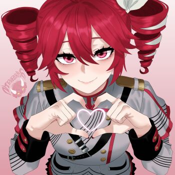 1girl absurdres ahoge bow buttons drill_hair grey_jacket grey_skirt hair_between_eyes hair_bow hair_ribbon heart heart_hands highres jacket kasane_teto kasane_teto_(sv) long_sleeves looking_at_viewer ntenebrae red_eyes red_hair ribbon shoulder_belt simple_background skirt smile solo synthesizer_v twin_drills utau white_bow white_ribbon