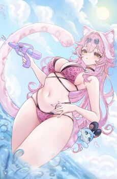 1girl animal_ear_fluff animal_ears bikini black_choker blue_sky breasts chattino_(raora_panthera) choker closed_mouth cloud cowboy_shot eyewear_on_head highres holding holding_water_gun hololive hololive_english large_breasts light_blush long_hair mini_eyewear miyoko_art multi-strapped_bikini_bottom multi-strapped_bikini_top multicolored_bikini multicolored_hair navel orange_eyes outdoors panther_ears panther_girl panther_print panther_tail pink_bikini pink_hair pink_nails raora_panthera raora_panthera_(holonatsu_paradise) sky solo stomach streaked_hair sun swimsuit tail two-tone_bikini very_long_hair virtual_youtuber wading water_gun white_streaks