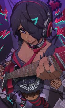 1girl :p absurdres amplifier belt black_belt black_hair black_nails black_shirt black_skirt black_thighhighs bracelet breasts cable checkered_belt checkered_floor cleavage collar commentary commission crumpled_paper dark-skinned_female dark_skin electric_guitar fingerless_gloves fingernails fishnet_gloves fishnets freefgp gloves guitar hair_ornament hair_over_one_eye hairclip headphones heart heart_o-ring high_tops highres holding holding_guitar holding_instrument instrument jewelry large_breasts light_blush lightning_bolt_symbol looking_at_viewer miniskirt multicolored_thighhighs nail_polish necktie o-ring o-ring_collar one_eye_covered original paper perspective pleated_skirt purple_eyes red_necktie red_thighhighs ring scoop_neck sharp_fingernails shirt shoes short_hair skirt sneakers solo spiked_bracelet spiked_collar spikes standing striped_clothes striped_thighhighs thighhighs tongue tongue_out torn_clothes torn_thighhighs two-tone_thighhighs untranslatable_commentary very_long_fingernails vgen_commission
