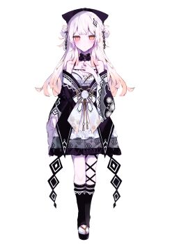 1girl absurdres black_bow black_socks blunt_bangs bow breasts cleavage closed_mouth detached_collar detached_sleeves double_bun dress floral_print flower frilled_dress frills full_body hair_bow hair_bun hand_on_own_chest hat highres japanese_clothes kneehighs long_hair long_sleeves looking_at_viewer magical_girl mahou_shoujo_no_inshuu_mura multicolored_hair official_art orange_eyes patterned_clothing ribbon second-party_source simple_background socks solo standing umemaro_(siona0908) watanuki_sakuya_(manomura) white_dress white_flower white_hair white_ribbon wide_sleeves