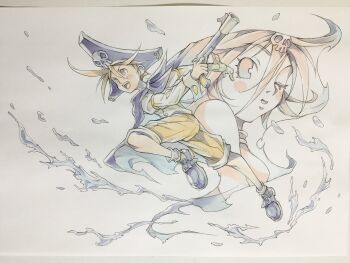 Rule 34 | 1boy, 1girl, belt buckle, black cape, black hat, black shoes, brown eyes, brown hair, buckle, cape, commentary, gun, hair between eyes, hair ornament, handgun, hat, hat ornament, highres, holding, holding gun, holding weapon, open mouth, original, pants, pants rolled up, peter salt, pink eyes, pink hair, pirate, pirate hat, projected inset, shirt, shoe belt, shoes, short hair, skull hair ornament, skull hat ornament, sleeve cuffs, smile, traditional media, water, weapon, white shirt, yellow pants