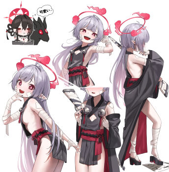 2girls absurdres armpits bandaged_leg bandages bandaid bandaid_on_cheek bandaid_on_face black_hair blue_archive blush breasts chibi chibi_inset cleavage_cutout clothing_cutout crazy_smile creature female_focus full_body grey_hair hair_ornament hair_rings hair_stick halo haori highres japanese_clothes kokuriko_(blue_archive) long_hair looking_at_viewer mansu_(mansu113355) multiple_girls multiple_views nail_polish pelvic_curtain petite pointy_ears red_eyes red_halo shuro_(blue_archive) sideboob simple_background small_breasts smile speech_bubble thought_bubble very_long_hair weapon weapon_on_back white_background
