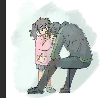 1boy 1girl :o black_eyes black_hair black_jacket blue_skirt brother_and_sister criteria full_body hair_between_eyes hand_on_another&#039;s_head head_down invisible_chair jacket omniscient_reader&#039;s_viewpoint oversized_clothes oversized_shirt pink_shirt shirt short_hair siblings sitting skirt standing twintails watercolor_effect yoo_joonghyuk yoo_mia