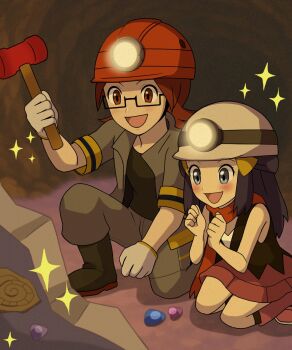 1boy 1girl :d black-framed_eyewear black_hair black_shirt blush boots brown_eyes brown_hair cave_interior commentary dawn_(pokemon) fossil gem glasses grey_eyes grey_jacket grey_pants hair_ornament hairclip hammer hands_up helmet highres holding holding_hammer jacket long_hair looking_down mineralogy nakikot_t nintendo on_one_knee open_mouth paleontology pants pokemon pokemon_dppt roark_(pokemon) shirt short_sleeves sidelocks skirt sleeveless sleeveless_shirt smile socks sparkle symbol-only_commentary