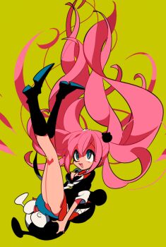 bear_hair_ornament blue_eyes breasts danganronpa:_trigger_happy_havoc danganronpa_(series) enoshima_junko hair_ornament holding holding_stuffed_toy long_hair looking_up monokuma pink_hair red_skirt sameyama_jiro sitting sitting_on_face sitting_on_person skirt stuffed_animal stuffed_toy teddy_bear twintails