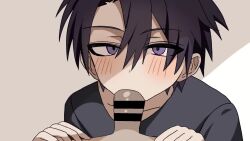 2boys animated bar_censor black_hair black_shirt blush censored dot_nose erection fellatio heart kayupon looking_at_viewer looping_animation male_focus multiple_boys oral original penis purple_eyes shirt short_hair shota simple_background tagme trap video yaoi