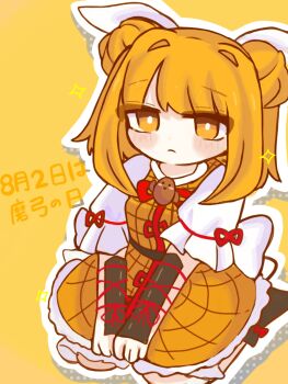 1girl anzu_cha709 armor blonde_hair blush blush_stickers bow closed_mouth double_bun footwear_bow frills frown hair_bun hair_ribbon highres joutouguu_mayumi looking_at_viewer puffy_sleeves red_bow red_ribbon ribbon seiza shirt short_hair sitting sleeve_ribbon solo sparkle tagme touhou white_ribbon white_shirt yellow_background yellow_eyes