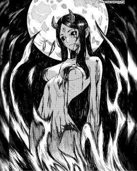 1girl blood blood_on_arm blood_on_breasts blood_on_face breasts colored_sclera commentary_request demon_girl demon_horns facial_mark fire forehead_mark full_moon greyscale hatching_(texture) highres horns instagram_username light_smile linear_hatching medium_breasts monochrome moon nude original pillarboxed pointy_ears ribs seveninks solo spanish_commentary