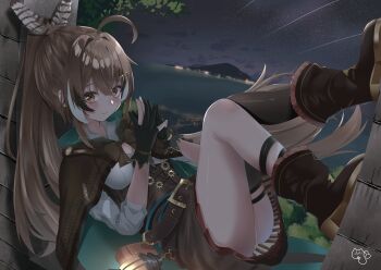 1girl absurdres ahoge belt black_gloves boots breasts brown_boots brown_cloak brown_corset brown_eyes brown_hair brown_skirt brown_thighhighs cleavage_cutout cloak clothing_cutout commentary corset english_commentary feather_hair_ornament feathers framed_breasts gloves green_cloak hair_ornament high_ponytail highres hololive hololive_english long_hair looking_at_viewer lying medium_breasts multicolored_hair nanashi_mumei night on_back partially_fingerless_gloves ponytail ragdoll6231 shirt single_thighhigh skirt sky solo streaked_hair thighhighs thighs two-sided_cloak two-sided_fabric very_long_hair virtual_youtuber white_hair white_shirt