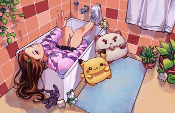 1girl absurdres arm_around_leg bathroom blue_carpet brown_eyes brown_hair carrot_hair_ornament cat character_doll commentary doll faucet food-themed_hair_ornament frog fruiitlins full_body gen_1_pokemon hair_ornament hanging_plant highres in_bathtub leaning_back leg_up long_hair mandrake offlinetv pikachu pink_sweater plant potted_plant rabbit shoes sneakers solo stuffed_animal stuffed_toy sweater tile_wall tiles tinakitten towel v