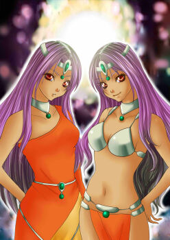2girls asymmetrical_dress azianholic bikini brown_eyes circlet cowboy_shot dancer dark-skinned_female dark_skin dragon_quest dragon_quest_iv dress expressionless forehead_jewel hand_on_own_hip highres long_dress long_hair long_sleeves looking_at_viewer manya_(dq4) metal_belt metal_bikini metal_bra minea_(dq4) multiple_girls navel orange_dress orange_loincloth outline parted_lips pelvic_curtain purple_hair siblings silver_circlet single_bare_shoulder single_sleeve sisters smile swimsuit white_outline