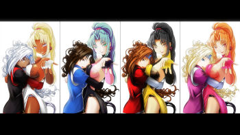 2girls alternate_color aqua_hair arc_system_works black_hair blonde_hair breasts brown_eyes brown_hair column_lineup crossover dark-skinned_female dark_skin earrings gloves green_eyes grey_eyes guilty_gear headband high_ponytail highres hug jewelry leotard letterboxed long_hair medium_breasts melficexd millia_rage multiple_girls multiple_persona one_eye_closed orange_hair pink_eyes player_2 ponytail red_eyes sideboob small_breasts smile sofia sofia_(toushinden) tamsoft toushinden trait_connection white_background white_hair wink