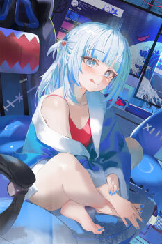 1girl absurdres barefoot blue_hair blue_nails blunt_bangs blush camisole chair commentary computer_keyboard computer_mouse darr1o feet full_body gaming_chair gawr_gura hair_ornament highres hololive hololive_english indian_style looking_at_viewer monitor multicolored_hair nail_polish red_camisole shark_hair_ornament shrimp sitting solo streaked_hair swivel_chair thighs toenail_polish toenails toes tongue tongue_out two_side_up vertical_monitor virtual_youtuber white_hair youtube