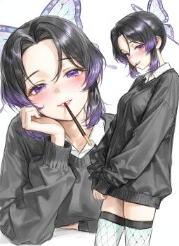 1girl absurdres ai-chan_(animelovely930) alternate_costume black_hair black_sweater blush breasts butterfly_hair_ornament collared_shirt fishnet_thighhighs fishnets food food_in_mouth hair_ornament highres kimetsu_no_yaiba kochou_shinobu large_breasts multicolored_hair multiple_views pink_eyes pink_hair pocky pocky_in_mouth shirt simple_background smile sweater thighhighs two-tone_hair white_background white_thighhighs