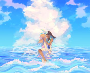 Rule 34 | 2girls, amaryllis (dr. stone), barefoot, blonde hair, blue sky, blush, braid, brown hair, carrying, closed eyes, cloud, commentary, dark-skinned female, dark skin, day, dr. stone, dreadlocks, dress, english commentary, flower, hair flower, hair ornament, head wreath, highres, implied yuri, kohaku (dr. stone), koharyllis, long hair, multiple girls, ocean, on head, open mouth, outdoors, pink dress, sailor collar, sailor dress, sky, smile, sundress, wading, water, waves, white dress, yuri