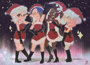 4girls alternate_costume blue_hair blush boots brown_hair collarbone dark-skinned_female dark_skin dress earrings full_body gloves hair_over_one_eye hand_on_own_hip hat high_heel_boots high_heels highres inkling jewelry looking_at_viewer marie_(splatoon) marina_(splatoon) multiple_girls night nintendo octoling pearl_(splatoon) pointy_ears santa_costume santa_dress santa_hat shiver_(splatoon) smile sparkle splatoon_(series) standing star_(sky) tentacle_hair terrifiedpuddin white_hair