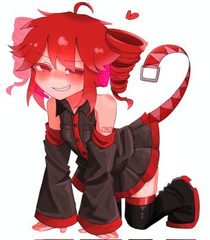 1girl arm_support bare_shoulders black_shirt black_skirt black_sleeves black_thighhighs blush breast_pocket collared_shirt corrupted_twitter_file detached_sleeves drill_hair grin headphones heart highres kasane_teto kasane_teto_(utau) kneeling long_sleeves looking_at_viewer pocket red_eyes red_hair shirt shoulder_blush skirt sleeveless sleeveless_shirt smile solo thighhighs twin_drills utau white_background yu_jc096