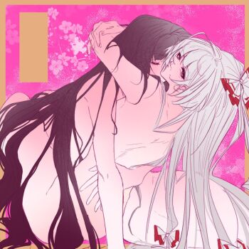 Rule 34 | 2girls, alulue1, arms around neck, black hair, closed eyes, completely nude, flower, fujiwara no mokou, hand on another's waist, houraisan kaguya, hug, long hair, multiple girls, nude, parted lips, pink background, touhou, very long hair, white hair, yuri