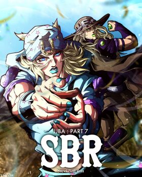 2boys absurdres armband ball beard belt blonde_hair blue_eyes blue_hat blue_hoodie blue_lips blue_nails blue_pants blue_sleeves bridal_gauntlets brown_belt brown_cape brown_hat brown_pants cape clenched_teeth commentary copyright_name cowboy_hat derivative_work english_commentary facial_hair goggles goggles_on_headwear green_eyes green_lips gyro_zeppeli hat heart_ornament highres holding holding_ball hood hood_down hoodie horse horse_print horseshoe_hat_ornament horseshoe_ornament johnny_joestar jojo_no_kimyou_na_bouken jojo_pose long_hair looking_at_viewer makeup male_focus medium_hair multiple_boys nail_polish noonvincent pants parted_lips pink_sleeves pointing pointing_at_viewer purple_armband purple_bridal_gauntlets purple_shirt purple_sleeves shirt short_sleeves spurs star_(symbol) star_print steel_ball_(jojo) steel_ball_run teeth two-tone_sleeves wristband