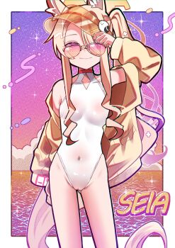 1girl 1other absurdres animal_ear_fluff animal_ears arm_up bare_legs bare_shoulders bird blonde_hair blue_archive breasts cameltoe character_name covered_navel cowboy_shot cross_halo diamond_cutout english_text extra_ears feet_out_of_frame fox_ears fox_girl fox_tail gluteal_fold hair_over_one_eye half-closed_eyes halo hand_on_headwear hat highleg highleg_one-piece_swimsuit highres i-nn jacket loli long_hair long_sleeves looking_at_viewer off_shoulder one-piece_swimsuit one_eye_covered seia_(blue_archive) seia_(swimsuit)_(blue_archive) side_ponytail small_breasts smile standing sun_hat sunglasses swimsuit tail thigh_gap thighs tinted_eyewear twitter very_long_hair very_long_tail visor_cap white_one-piece_swimsuit yellow_halo yellow_jacket yellow_visor