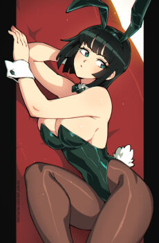 1girl alternate_costume animal_ear_hairband animal_ears black_pantyhose bow bowtie breasts closed_mouth commentary detached_collar english_commentary fake_animal_ears fake_tail fubuki_(one-punch_man) green_bow green_bowtie green_eyes green_hair green_leotard hairband large_breasts leotard one-punch_man pantyhose qewie rabbit_ears short_hair solo strapless strapless_leotard tail white_wrist_cuffs wrist_cuffs