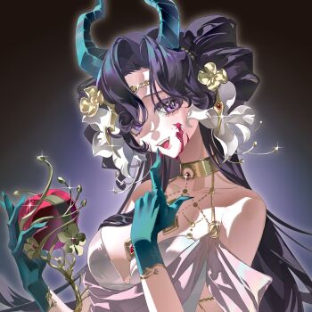 Rule 34 | 1girl, :d, absurdres, ambiguous red liquid, anjo nala, anjo nala (forbidden fruit), apple, bare shoulders, black hair, breasts, commission, dark background, demon girl, demon horns, dress, finger to mouth, flower, food, fruit, gloves, gold choker, gradient background, green gloves, green horns, hair flower, hair ornament, hands up, highres, holding, holding food, holding fruit, horns, long hair, looking at viewer, medium breasts, official alternate costume, open mouth, parted bangs, purple eyes, reverse:1999, second-party source, sleeveless, sleeveless dress, smile, solo, tao wei fenda, teeth, upper body, upper teeth only, white dress, white flower