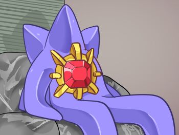 Rule 34 | commentary request, couch, gem, gen 1 pokemon, highres, indoors, leo1127000, manatsu no yo no inmu, mega starmie, meme, nintendo, no humans, on couch, parody, pokemon, pokemon (creature), red gem, sitting, starfish, starmie, window blinds, yjsnpi interview (meme)