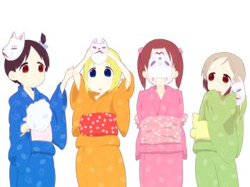 4girls ana_coppola blonde_hair blue_eyes commentary_request cotton_candy expressionless fox_mask fuzuki_fuuro ichigo_mashimaro itou_chika japanese_clothes kimono looking_at_another mask matsuoka_miu multicolored_hair multiple_girls red_eyes sakuragi_matsuri short_hair simple_background twintails two-tone_hair white_background you're_doing_it_wrong yukata