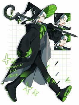 1boy ^_^ artist_name black_boots black_cloak black_gloves black_hat boots cloak closed_eyes commentary gloves green_eyes grey_sweater grid_background hat highres holding holding_staff hood hooded_cloak long_sleeves looking_at_viewer maco22 multiple_views open_mouth original reference_sheet shoe_soles smile staff sweater symbol-only_commentary translation_request walking white_hair witch_hat