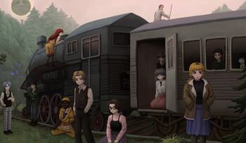 5girls 6+boys abella_(fear_&amp;_hunger) absurdres african_clothes august_(fear_&amp;_hunger) bare_shoulders black_hair black_pants black_pantyhose black_ribbon black_sweater black_vest blonde_hair blue_hair blue_pants boots brown_boots brown_hair brown_vest commentary crossed_arms daan_(fear_&amp;_hunger) dark-skinned_male dark_skin fear_&amp;_hunger_(series) fear_&amp;_hunger_2:_termina green_jacket grey_pants hands_in_pockets hat henryk_(fear_&amp;_hunger) highres jacket karin_(fear_&amp;_hunger) kneeling krattking levi_(fear_&amp;_hunger) long_hair long_sleeves low-tied_long_hair marcoh_(fear_&amp;_hunger) marina_(fear_&amp;_hunger) moon moon_with_face multiple_boys multiple_girls neck_ribbon o'saa_(fear_&amp;_hunger) olivia_(fire_emblem) overalls pants pantyhose pink_shirt pink_skirt purple_skirt red_hair rher_(fear_&amp;_hunger) ribbon samarie_(fear_&amp;_hunger) shirt skirt standing sweater tanaka_(fear_&amp;_hunger) train vest white_shirt yellow_eyes yellow_hat yellow_overalls