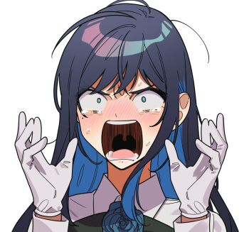 1girl ado_(utaite) black_hair blue_flower blue_hair blue_rose blush brooch chando_(ado) colored_inner_hair commentary flower flower_brooch gloves hands_up hashtag-only_commentary highres jewelry long_hair mole mole_under_eye multicolored_hair open_mouth riseno rose simple_background solo tearing_up teeth upper_body utaite white_background white_gloves wide-eyed