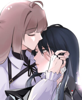 2girls black_coat black_hair brown_hair cherie_luna chief_(path_to_nowhere) closed_eyes coat collared_shirt commentary earrings english_commentary female_chief_(path_to_nowhere) grey_eyes hand_in_another&#039;s_hair highres jewelry kiss kissing_forehead long_hair long_sleeves multiple_girls multiple_rings original path_to_nowhere purple_shirt rahu_(path_to_nowhere) ring scar scar_across_eye scar_on_face shirt simple_background white_background yuri