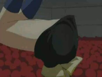 00s 1girl animated animated_gif anime_screenshot ass c.c. code_geass crotch embarrassed lowres panties robot_ears school_uniform stuck tomato underwear upside-down upskirt