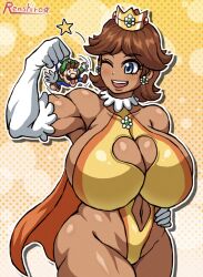 Rule 34 | bare shoulders, blue eyes, breasts, brown hair, cleavage, cleavage cutout, clothing cutout, crown, dark-skinned female, dark skin, dot nose, earrings, elbow gloves, eyelashes, flower earrings, giant, giantess, gloves, hand on own hip, huge breasts, jewelry, leotard, lifting person, luigi, mario (series), mini person, muscular, muscular female, navel, navel cutout, nintendo, one eye closed, outline, polka dot, polka dot background, princess daisy, shiny clothes, shiny skin, short hair, skindentation, smile, standing, star (symbol), tonshirou (christar), white gloves, white outline, wide hips, wink, yellow leotard