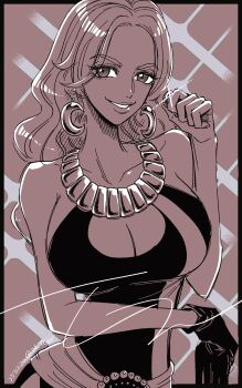 1girl baccarat_(one_piece) breasts coin commentary cowboy_shot dated dress earrings glint gloves greyscale highres holding holding_coin jewelry large_breasts long_hair monochrome necklace one_piece one_piece_film:_gold single_glove smile solo sparkle tagawa_jiro