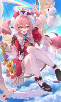 1girl aqua_bow aqua_bowtie aqua_eyes arm_behind_head bird black_shoes blue_sky bow bowtie capelet cloud commentary_request dress hat highres honkai:_star_rail honkai_(series) hyacine_(honkai:_star_rail) little_ica_(honkai:_star_rail) loafers long_sleeves looking_at_viewer medium_hair on_swing open_mouth otabaaa pantyhose pink_hair rainbow red_capelet red_dress red_hat shoes sky smile solo swing twintails white_pantyhose