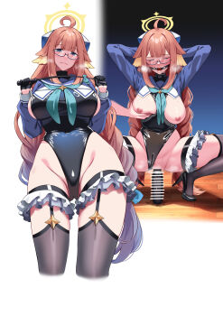 1girl absurdres ball_gag bar_censor black_gloves black_leotard blue_archive blue_eyes blue_shrug braid braided_twintails breasts breasts_out censored dildo dildo_riding feather_hair female_masturbation gag gagged gloves half_gloves halo hiememiko highres holding holding_riding_crop large_breasts leotard long_hair masturbation nipples object_insertion official_alternate_costume orange_hair pussy riding_crop sex_toy shimiko_(blue_archive) shimiko_(magical)_(blue_archive) shrug_(clothing) spread_legs squatting suction_cup_dildo super_highleg twin_braids vaginal vaginal_object_insertion very_long_hair yellow_halo