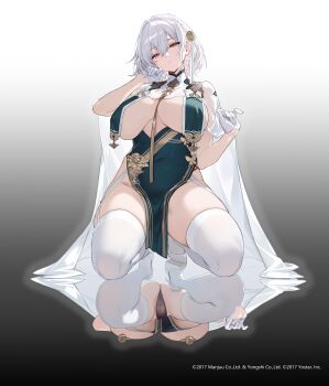 1girl absurdres azur_lane blue_dress braid breast_curtains breasts brown_panties cameltoe cleavage commentary covered_navel dress gloves gradient_background hair_between_eyes hair_ornament hand_up head_tilt high_heels highres kikimi large_breasts looking_at_viewer official_alternate_costume official_art panties parted_lips pelvic_curtain red_eyes reflection shoes short_hair sirius_(azur_lane) sirius_(azure_horizons)_(azur_lane) skindentation sleeveless sleeveless_dress solo squatting thick_thighs thighhighs thighs underwear white_background white_gloves white_hair white_shoes white_thighhighs